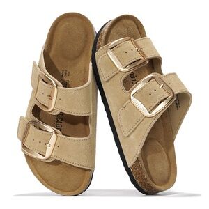 NIB Tan Suede Sandals with Gold Buckles